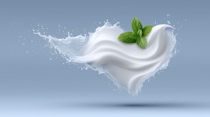 Creamy swirl with mint leaves and splashing water on a gray background