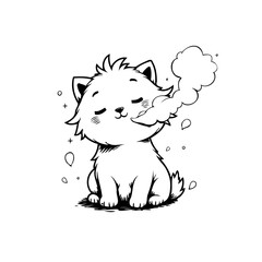 Cute cartoon cat smoking a cloud with closed eyes in black and white line art illustration perfect for children's coloring book