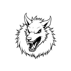 Fototapeta premium Fierce wolf head mascot illustration showcases sharp teeth and intense expression in detailed black and white line art