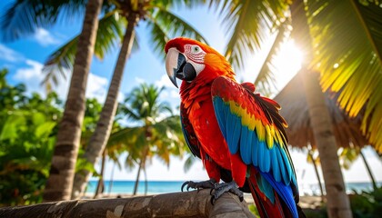 Vibrant Scarlet Macaw Parrot Perched on a Branch Amidst Tropical Palm Trees and a Sun-Drenched Beach Landscape