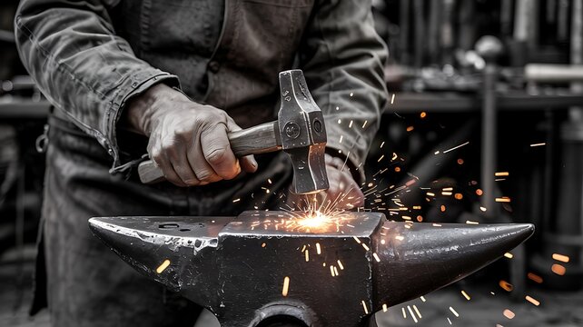 Close up of a blacksmith s hands hammering glowing hot metal on an anvil creating sparks and a fiery display of craftsmanship