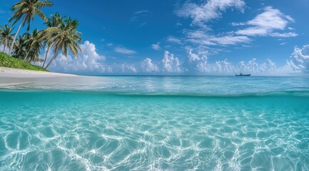 Fototapeta premium Tropical beach split view, clear water, palm trees