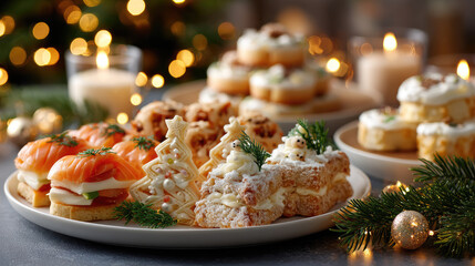 A festive Christmas table setting with assorted appetizers and desserts. Mini sandwiches, decorated cakes, and holiday-themed treats are displayed. Soft lights in the background.