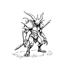 Illustration of a menacing horned demon warrior standing with spears ready for battle against foes in fantasy