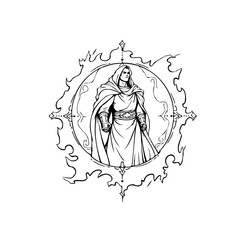 Intricate line art illustration of a hooded mage with mystical circle emblem design perfect for fantasy themes