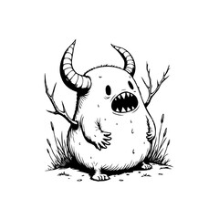 Whimsical horned monster illustration: A charming character in detailed black and white line art creation design