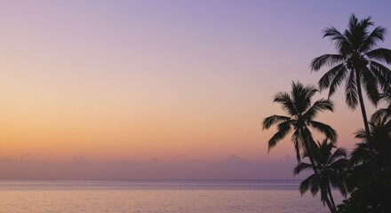 Fototapeta premium Serene Sunset Over Tropical Ocean With Silhouette Palm Trees in a Picturesque Coastal Paradise