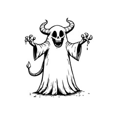 Creepy horned halloween ghost illustration with spooky expression and tail for celebration season creative concept