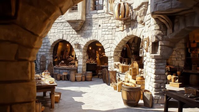 A rustic medieval marketplace bustling with wooden barrels and stone architecture.