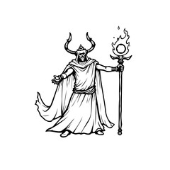 Horned sorcerer illustration summoning fire with cloak robes and mythical staff creating a magical ambiance