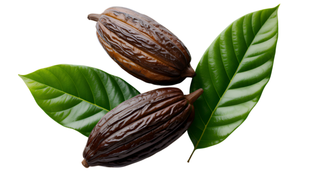 Dark Brown Cacao Pods with Green Leaves on White Background