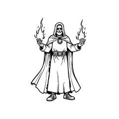 Mystical figure in hooded robe conjuring flames, evoking fantasy and magic with skull face monochrome