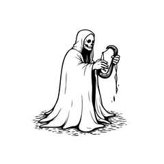 Grim reaper contemplates the fragility of existence while holding a dripping hourglass in monochrome illustration