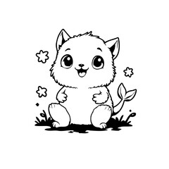 Adorable cartoon kitten sitting happily amidst floral decorations, a delightful whimsical illustration for children's projects