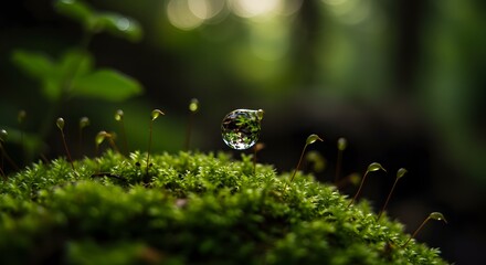 Macro shot of a water droplet reflecting a forest on a mossy surface with bokeh background