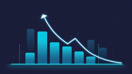 Futuristic glowing data visualization graph with neon light bars and line chart on dark background