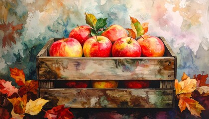 Fresh Red Apples in a Rustic Crate, Autumnal Still Life
