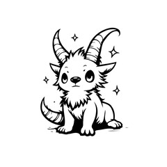 Adorable cute cartoon goat illustration with stars shining around it for children's book or coloring pages