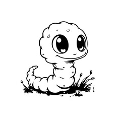 A charming cartoon worm illustration displaying big eyes and a friendly smile in monochrome style