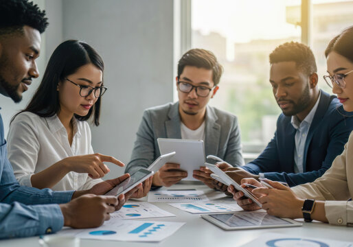 Diverse team of professionals collaborating, analyzing data on digital tablets and smartphones during an interactive business meeting in a modern office environment.