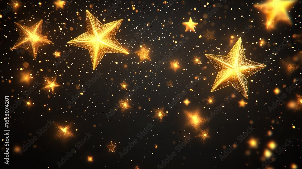Poster golden stars and bokeh lights floating against a dark background creating a festive atmosphere