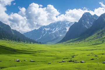 Beautiful green valley surrounded by majestic mountains and clouds.