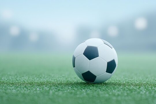 Close-up of a soccer ball centered on a surreal green field.