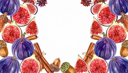 Watercolor Autumn Composition Featuring Ripe Figs, Aromatic Cinnamon Sticks, and Rustic Acorns