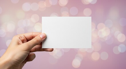 Obraz premium Hand Holding Blank White Card Against Pink Bokeh Background