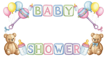 Obraz premium A charming baby shower design featuring teddy bears, rattles, balloons, and blocks spelling out 