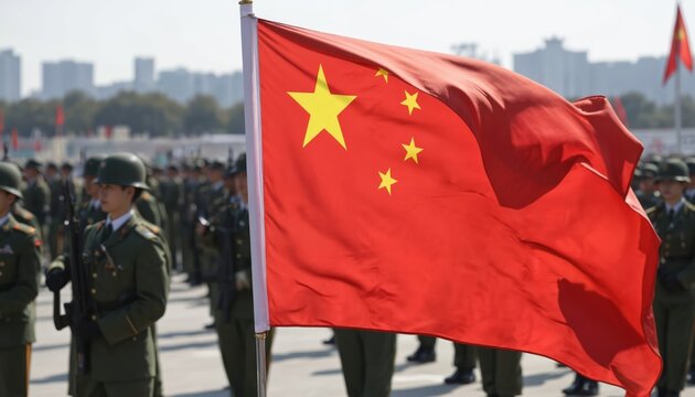 Chinese military soldiers in formation marching with flag in parade. Red, gold flag displays stars, national pride, power. Troops in uniform show discipline, unity in ceremony. Defence force displays