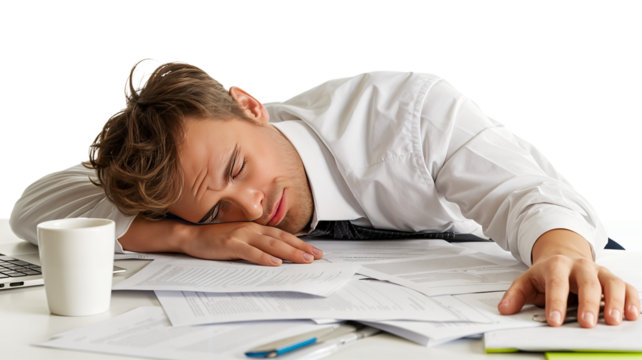 Exhausted Man Sleeping on Desk Surrounded by Paperwork