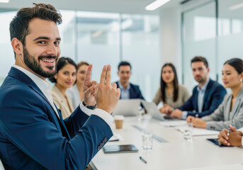 Obraz premium Smiling diverse business professional gestures during a collaborative meeting in a modern corporate office.