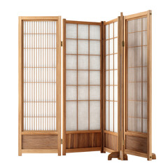 Light-toned wooden room divider with a traditional Japanese design.  Three panels with a gridded pattern of white screens.  Natural wood tones