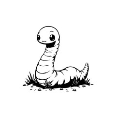Fototapeta premium A charming cartoon earthworm illustration in black and white sitting in grass sketch