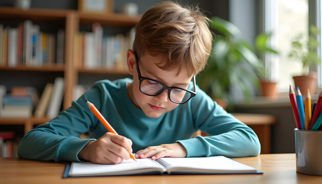 A young student engrossed in writing, working on his homework with a pencil and notebook.