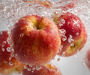 Apple Splash Freeze Frame with Ice-Crystal Halo, Studio Lighting on White Background for Juice Ads, Health Food Packaging or Wellness Theme Design