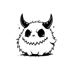 Cute little monster with horns and sharp teeth on white background simple vector artwork concept