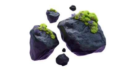 Surreal Floating Volcanic Rocks with Moss and Flowers