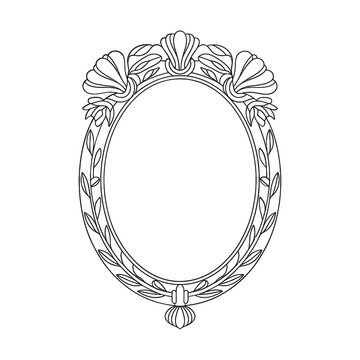 Elegant Oval Frame with Floral and Shell Ornamentation Line Art