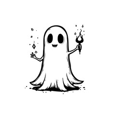 Spooky cute ghost illustration holding a burning torch making magic suitable for Halloween and all things spooky