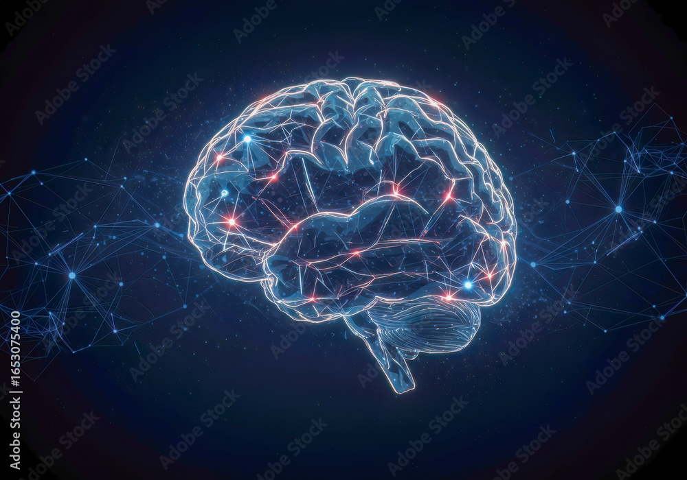 Poster a captivating digital representation of the human brain, glowing with intricate neural network conne