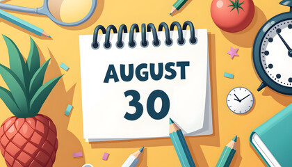 A vibrant illustration shows August 30 on a calendar with playful objects on a yellow surface.