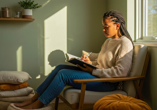 A young woman with braided hair journaling in the cozy, sunlit comfort of her home, reflecting a peaceful lifestyle moment. - Powered by Adobe