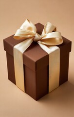 Obraz premium Elegant Kraft Gift Package with Brown Bow in Studio Lighting, Warm and Cozy Presentation for Special Occasions