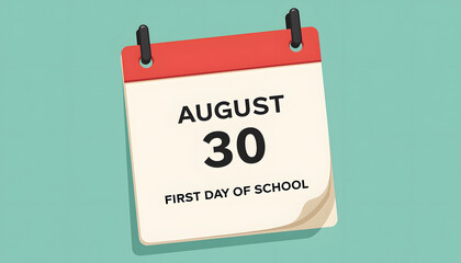 A calendar showing August 30, the first day of school, in a charming cartoon style.