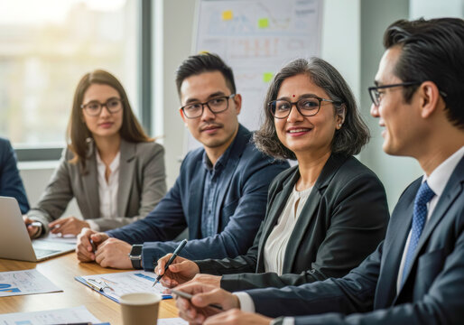 Diverse business professionals collaborating actively in a modern office meeting, fostering an inclusive and productive team environment.