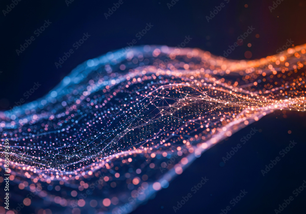 Poster a dynamic abstract representation of interconnected data points, visualizing a futuristic digital ne