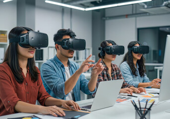 Diverse Team Collaborating on Innovative Projects Using Virtual Reality Headsets in a Modern Business Technology Office Environment