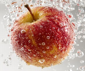 Apple Splash Freeze Frame with Ice-Crystal Halo, Studio Lighting on White Background for Juice Ads, Health Food Packaging or Wellness Theme Design